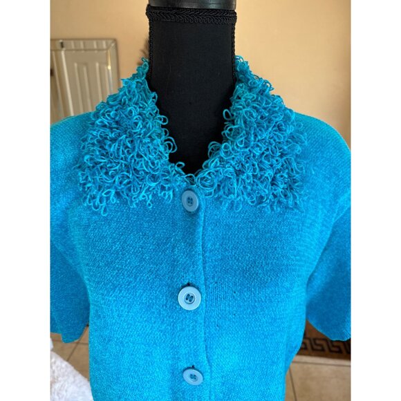 Lisa International Turquoise Chenille Button Cardigan Sweater Fringe Collar M - Picture 7 of 9